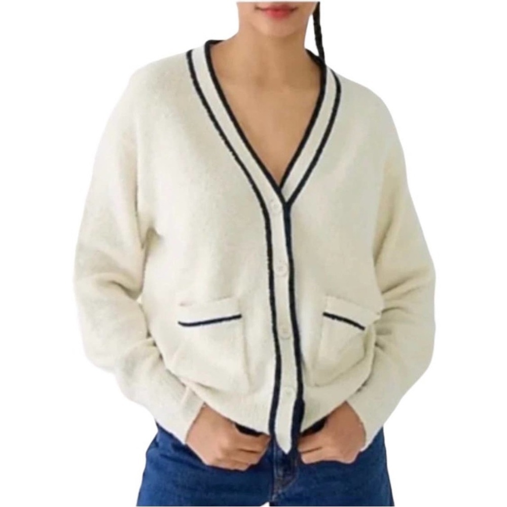 J Crew Cardigan Sweater Boucle V-Neck Off White Navy, M